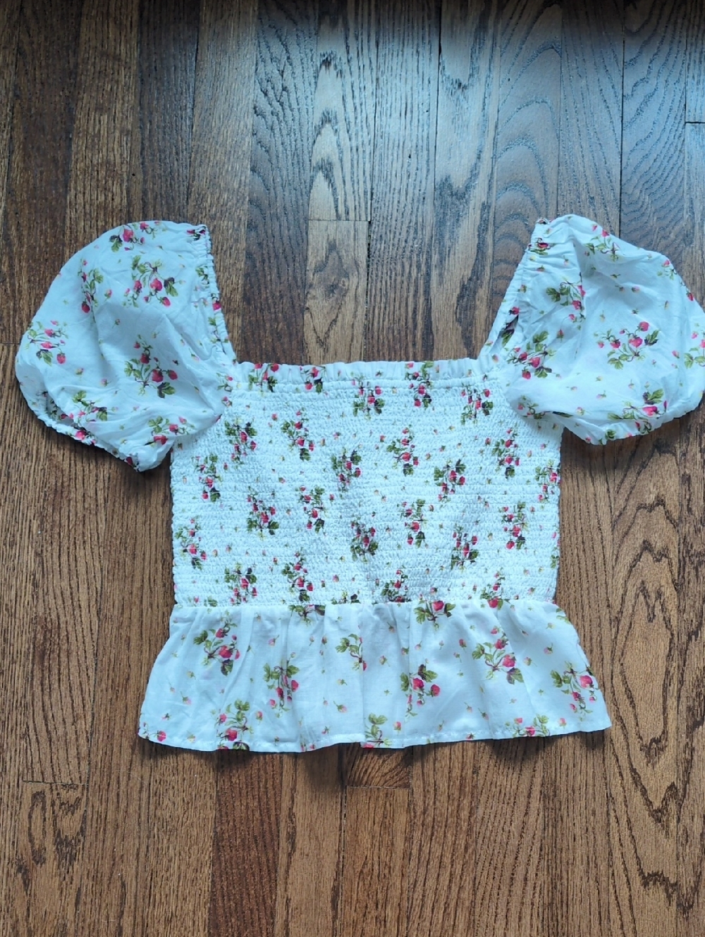 J. Crew White Floral Smocked Peplum Top with Pink & Green Print